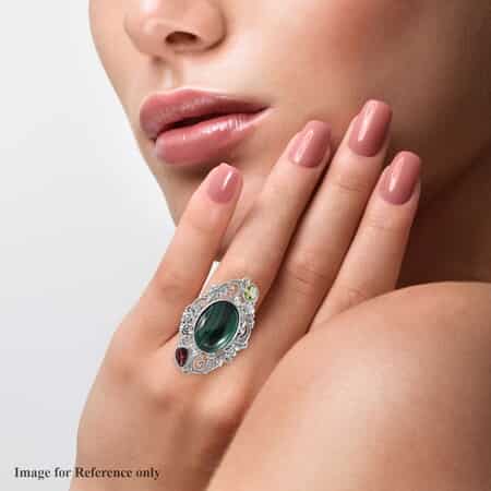 Artisan Crafted African Malachite and Multi Gemstone Ring in Platinum Over Copper with Magnet (Size 7.0) 7.75 ctw image number 2