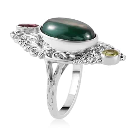 Artisan Crafted African Malachite and Multi Gemstone Ring in Platinum Over Copper with Magnet (Size 7.0) 7.75 ctw image number 3