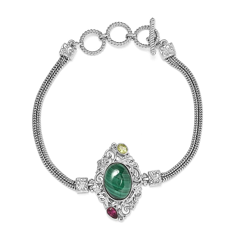 Artisan Crafted African Malachite and Multi Gemstone Toggle Clasp Bracelet in Platinum Over Copper with Magnet (7.25-8.0In) 8.35 ctw