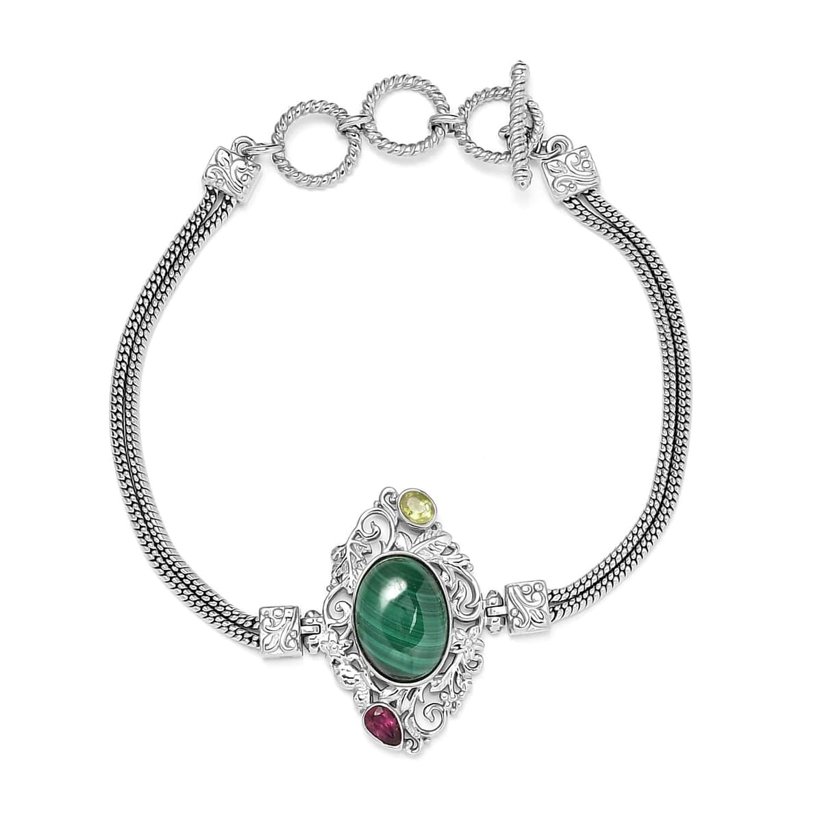 Artisan Crafted African Malachite and Multi Gemstone Toggle Clasp Bracelet in Platinum Over Copper with Magnet (7.25-8.0In) 8.35 ctw image number 0