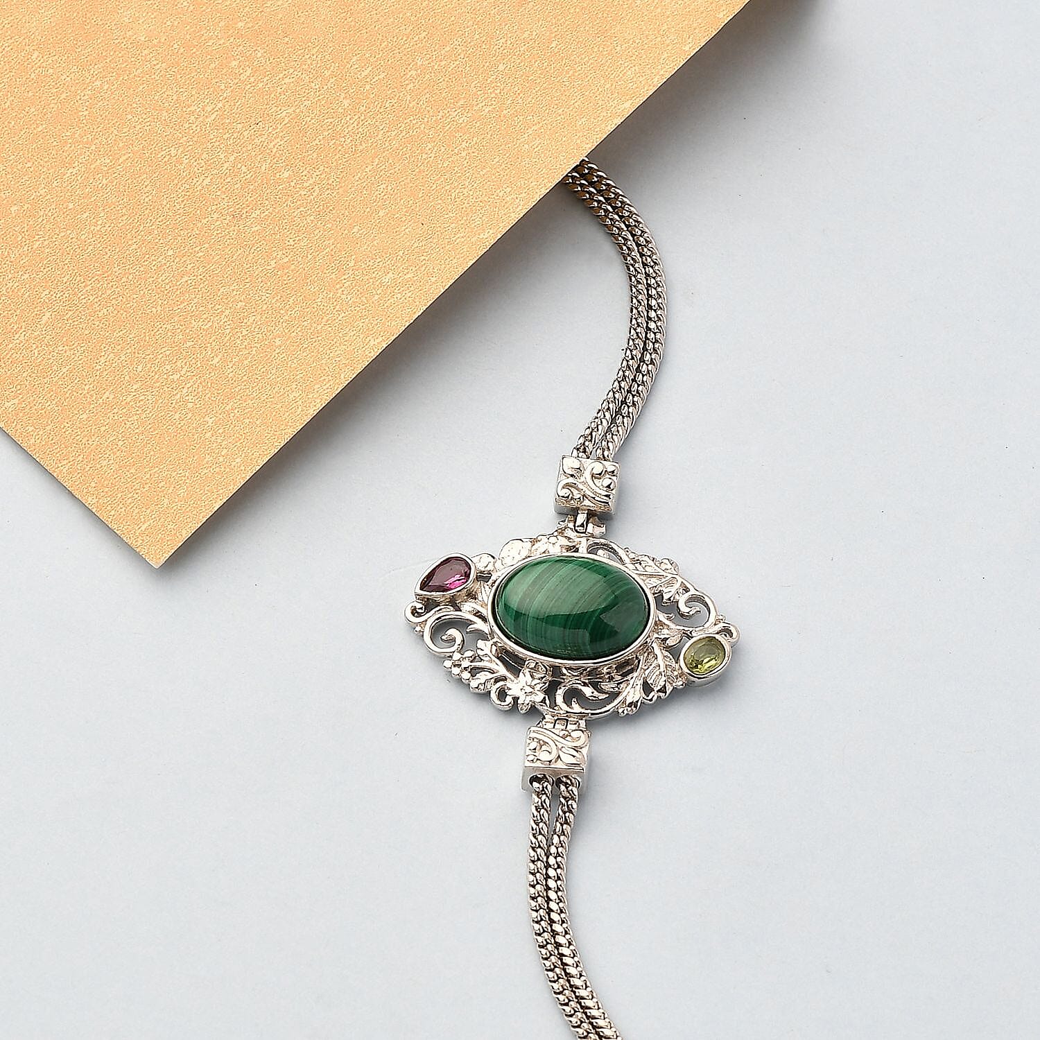 Artisan Crafted African Malachite and Multi Gemstone Toggle Clasp Bracelet in Platinum Over Copper with Magnet (7.25-8.0In) 8.35 ctw