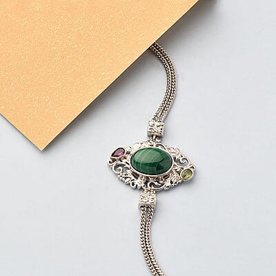 Artisan Crafted African Malachite and Multi Gemstone Toggle Clasp Bracelet in Platinum Over Copper with Magnet (7.25-8.0In) 8.35 ctw