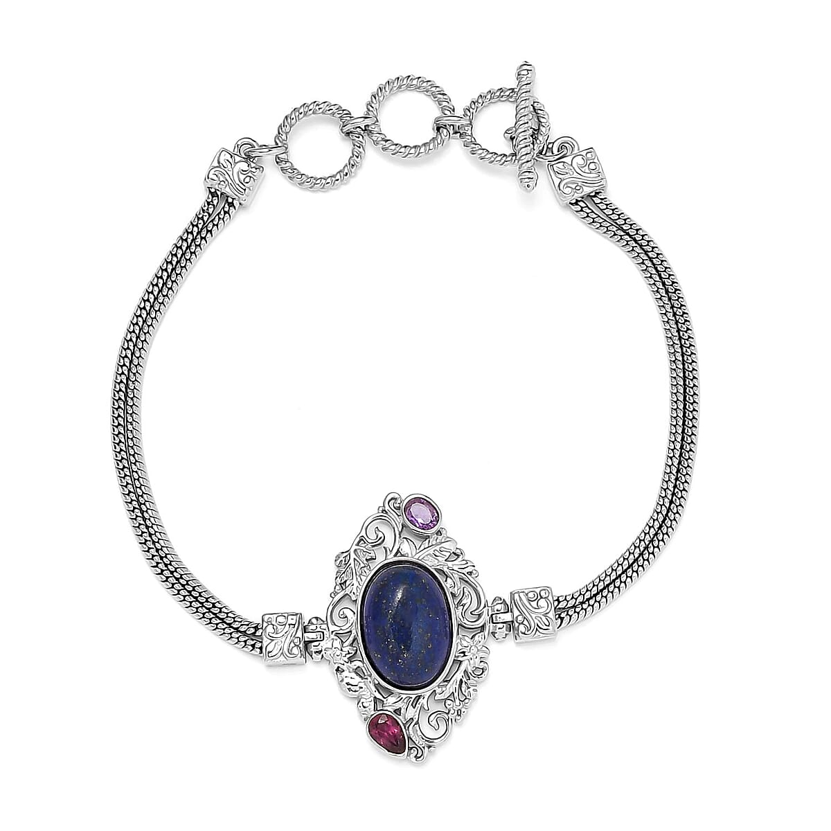 Artisan Crafted Lapis Lazuli and Multi Gemstone Toggle Clasp Bracelet in Platinum Over Copper with Magnet (7.25-8.0In) 7.25 ctw image number 0