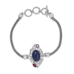 Artisan Crafted Lapis Lazuli and Multi Gemstone Toggle Clasp Bracelet in Platinum Over Copper with Magnet (7.25-8.0In) 7.25 ctw