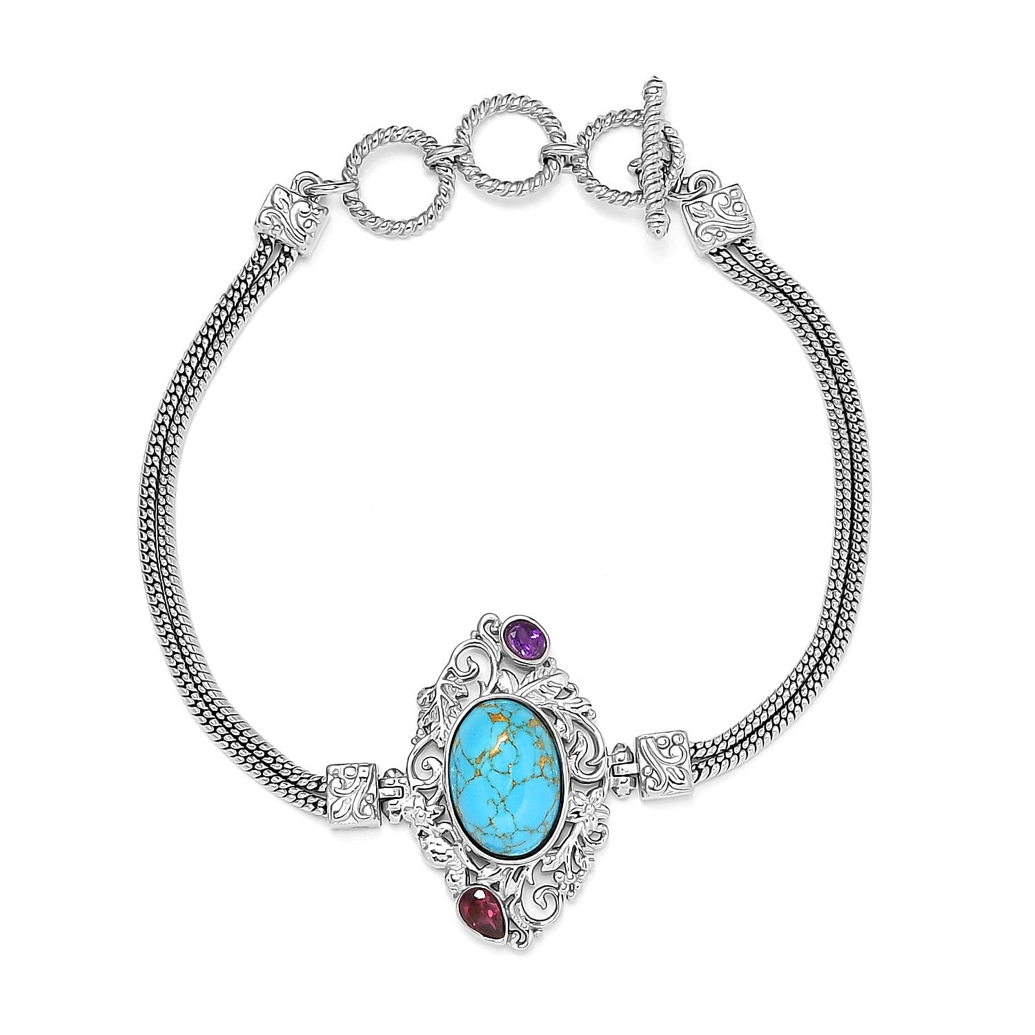 Artisan Crafted Mojave Blue Turquoise and Multi Gemstone Toggle Clasp Bracelet in Platinum Over Copper with Magnet (7.25-8.0In) 5.85 ctw