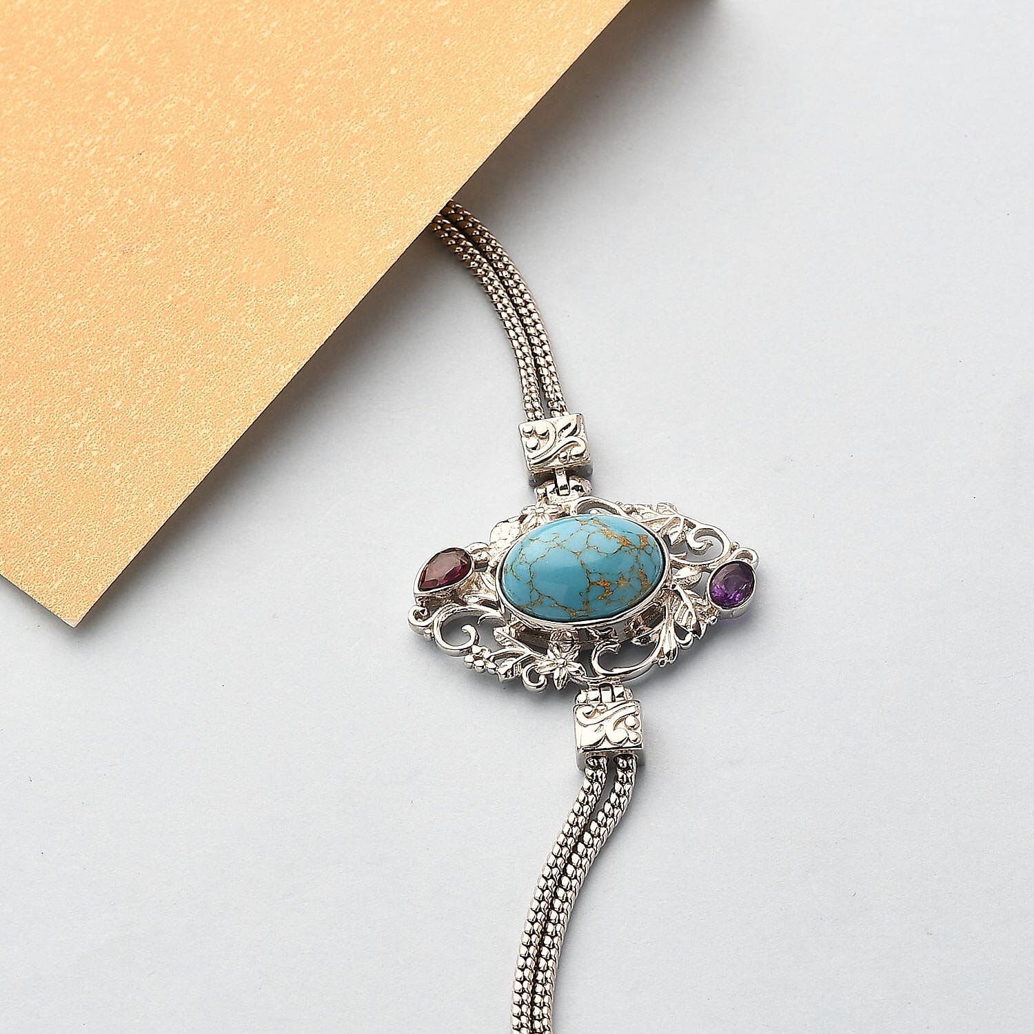 Artisan Crafted Mojave Blue Turquoise and Multi Gemstone Toggle Clasp Bracelet in Platinum Over Copper with Magnet (7.25-8.0In) 5.85 ctw