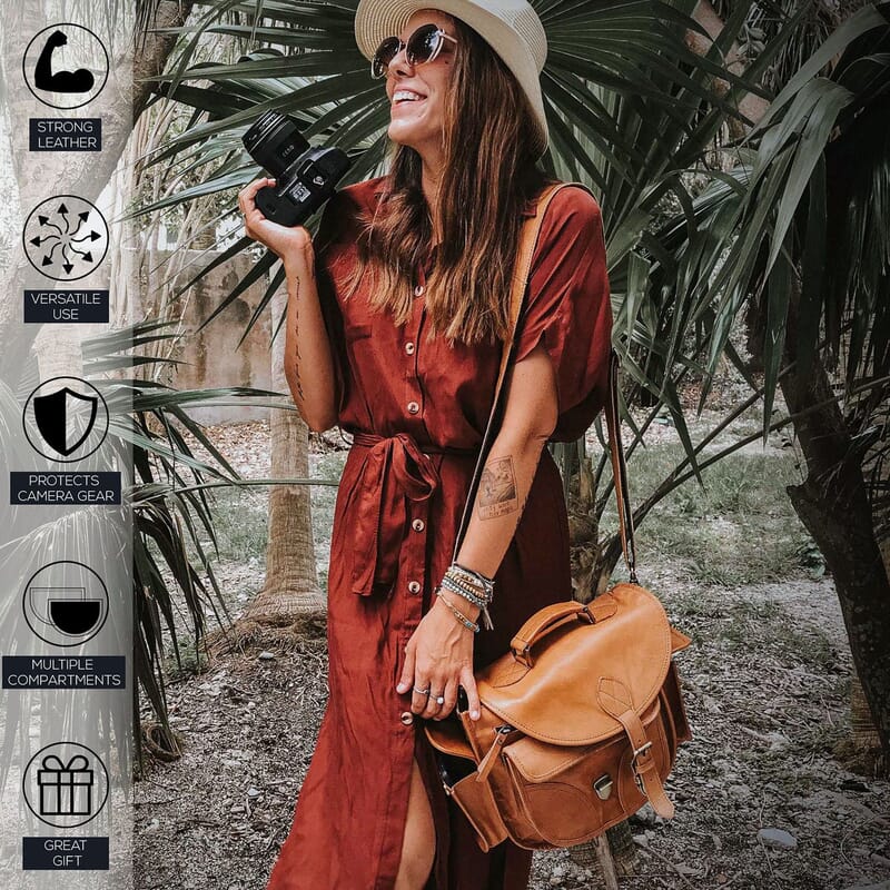 Rofozzi- Brown Icon Genuine Leather Camera Crossbody Shoulder Handbag , Designer Crossbody Bag Purse , Leather Handbags