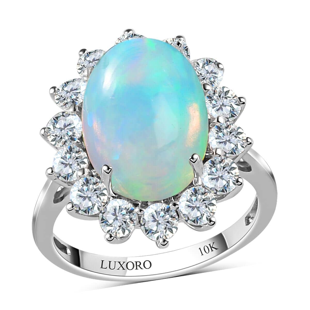 Luxoro 10K White Gold Premium Ethiopian Welo Opal and Moissanite Halo Ring (Size 7.0) 3.30 Grams 5.60 ctw image number 0