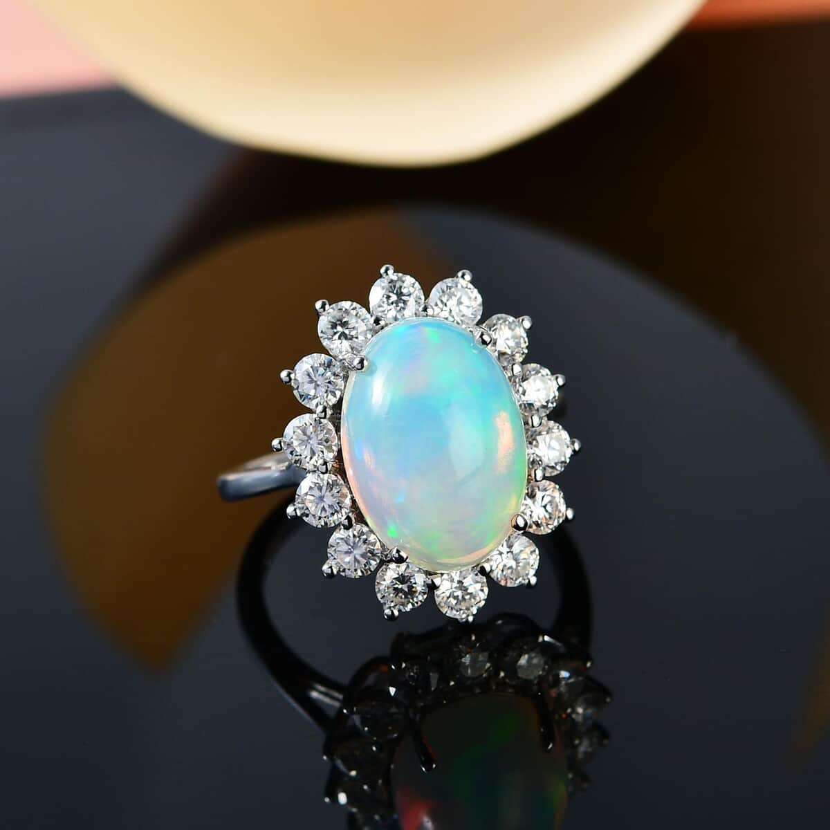 Luxoro 10K White Gold Premium Ethiopian Welo Opal and Moissanite Halo Ring (Size 7.0) 3.30 Grams 5.60 ctw image number 1