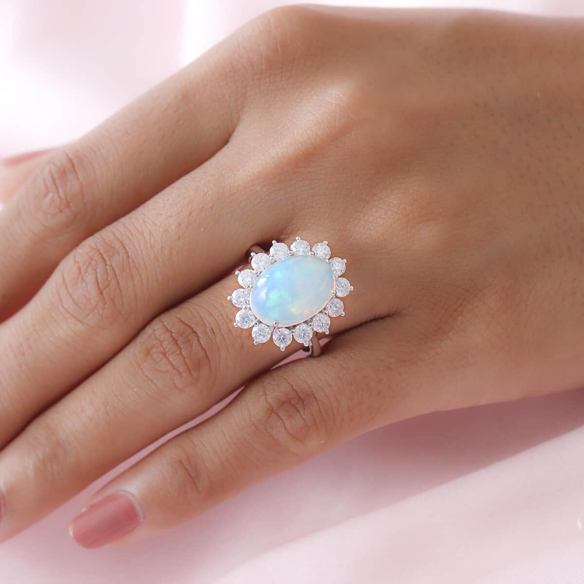 Luxoro 10K White Gold Premium Ethiopian Welo Opal and Moissanite Halo Ring (Size 7.0) 3.30 Grams 5.60 ctw image number 2