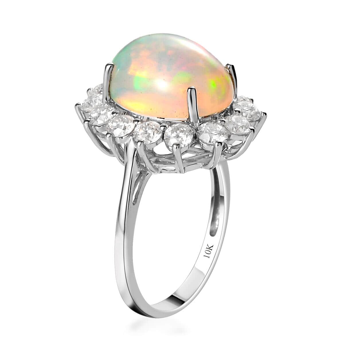 Luxoro 10K White Gold Premium Ethiopian Welo Opal and Moissanite Halo Ring (Size 7.0) 3.30 Grams 5.60 ctw image number 3