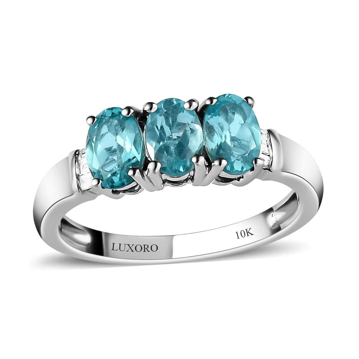 LUXORO 10K White Gold Premium Madagascar Paraiba Apatite, Diamond Trilogy Ring (Size 10.0) (2.50 g) (Delivery in 12-15 Business Days) 1.50 ctw image number 0