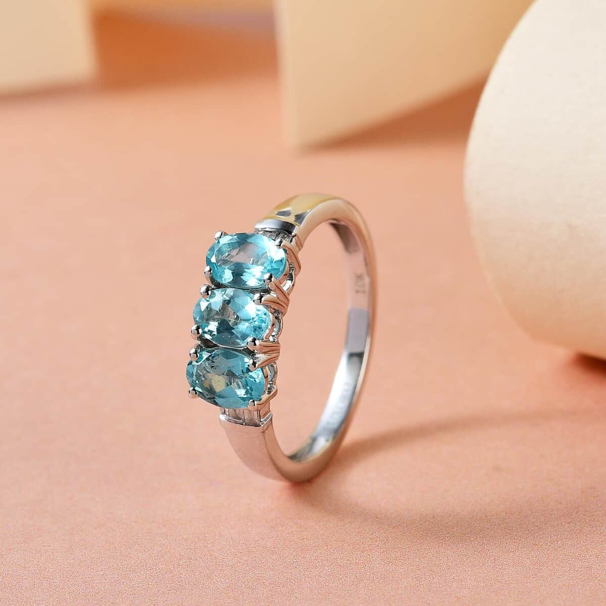 LUXORO 10K White Gold Premium Madagascar Paraiba Apatite, Diamond Trilogy Ring (Size 10.0) (2.50 g) (Delivery in 12-15 Business Days) 1.50 ctw image number 1