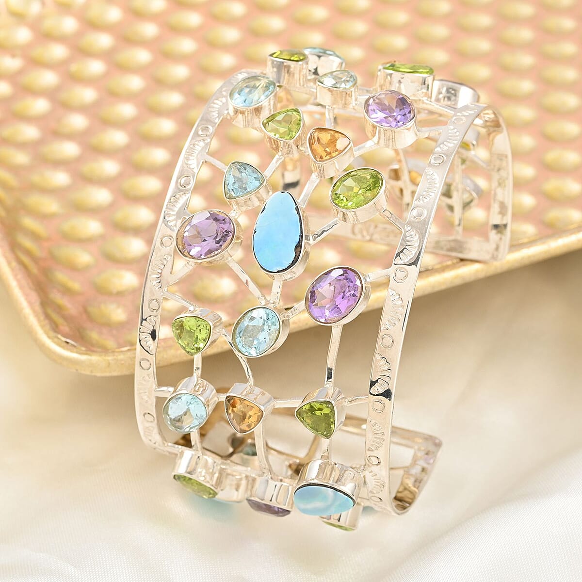 Boulder Opal Triplet and Multi Gemstone Cuff Bracelet in Sterling Silver (7.00 In) 51.80 Grams 58.00 ctw image number 1