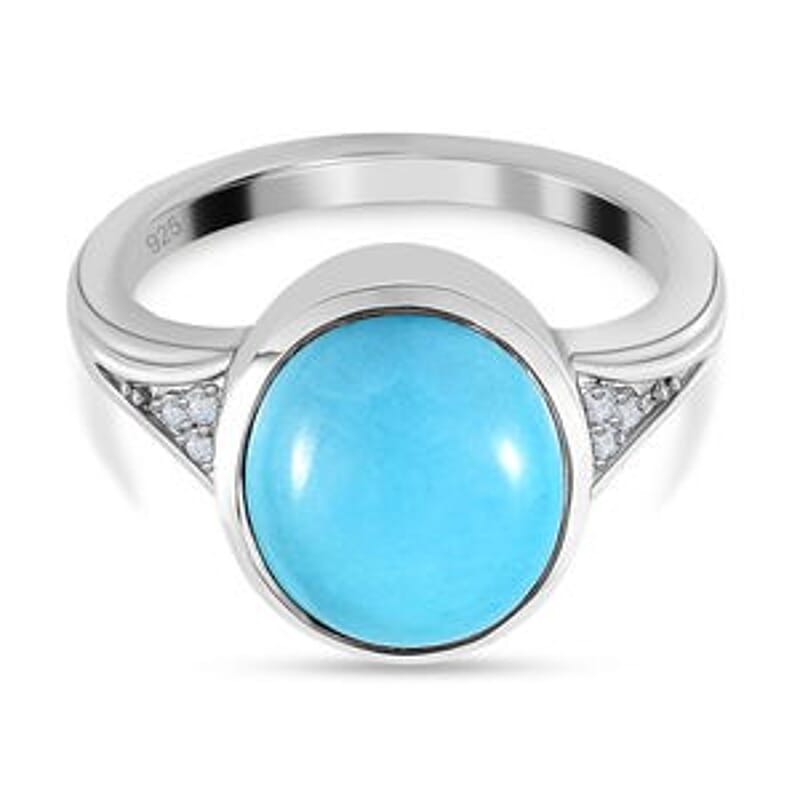 Sleeping Beauty Turquoise and White Zircon 4.09 ctw Ring in Platinum Over Sterling Silver (Size 9.0)