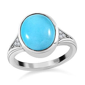 Sleeping Beauty Turquoise and White Zircon 4.09 ctw Ring in Platinum Over Sterling Silver (Size 9.0)