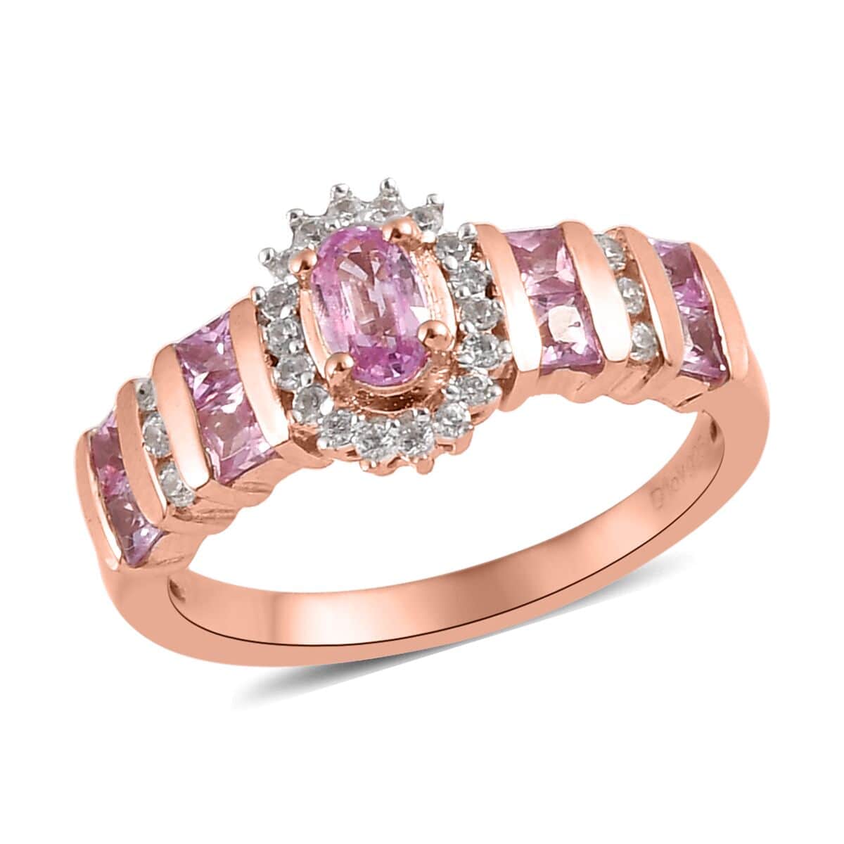 Madagascar Pink Sapphire, Natural White Zircon Ring in Vermeil RG Over Sterling Silver (Size 10.0) 1.00 ctw image number 0