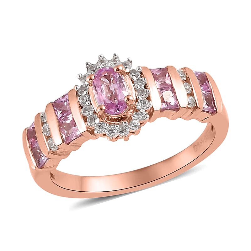 Madagascar Pink Sapphire Ring ,White Zircon Accent Ring , Vermeil Rose Gold Over Sterling Silver Ring ,Sunburst Halo Ring 0.90 ctw (Size 10)