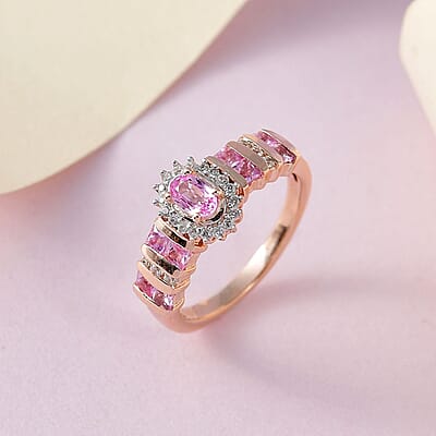Madagascar Pink Sapphire Ring ,White Zircon Accent Ring , Vermeil Rose Gold Over Sterling Silver Ring ,Sunburst Halo Ring 0.90 ctw (Size 10)