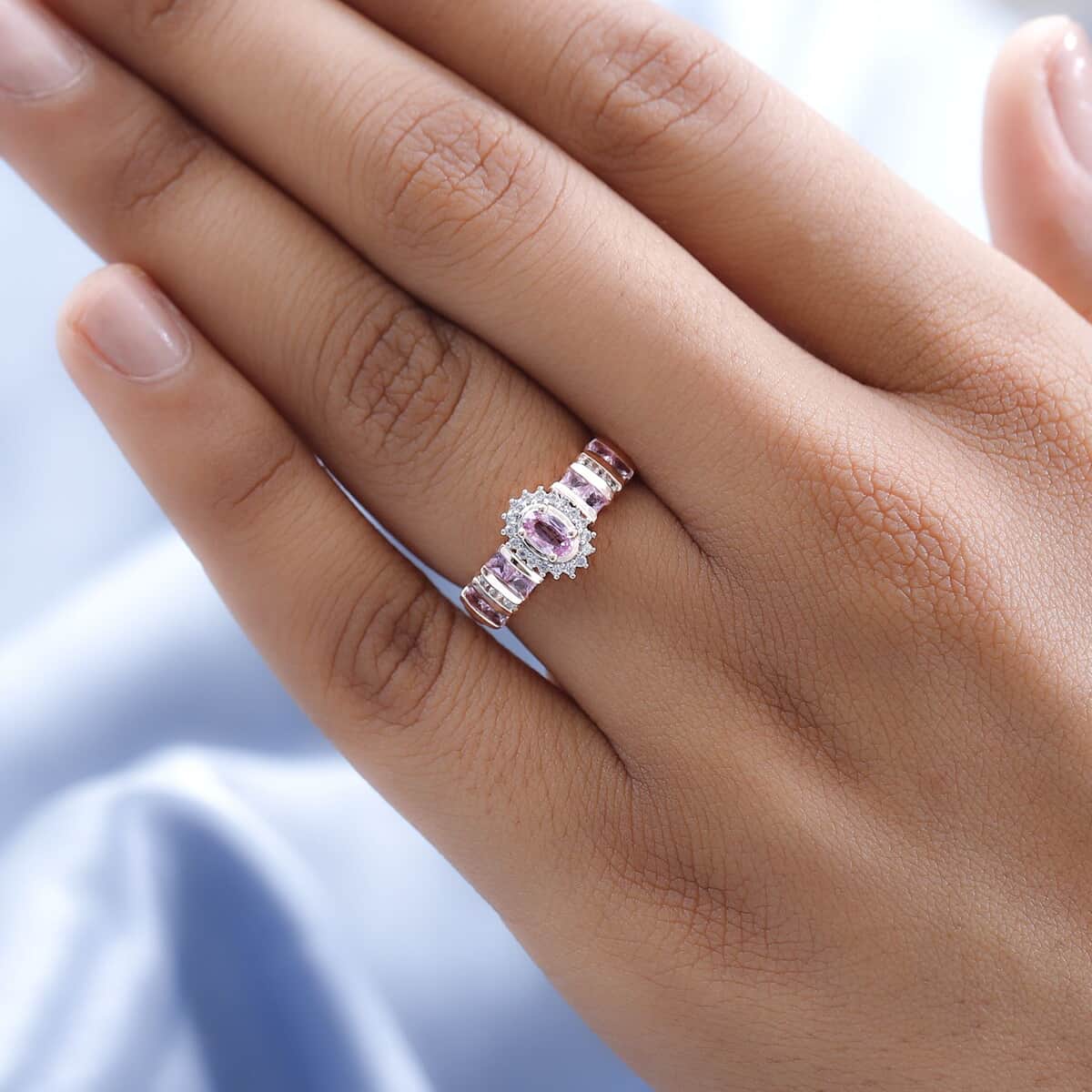 Madagascar Pink Sapphire, Natural White Zircon Ring in Vermeil RG Over Sterling Silver (Size 10.0) 1.00 ctw image number 2