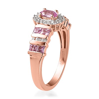 Madagascar Pink Sapphire Ring ,White Zircon Accent Ring , Vermeil Rose Gold Over Sterling Silver Ring ,Sunburst Halo Ring 0.90 ctw (Size 10)