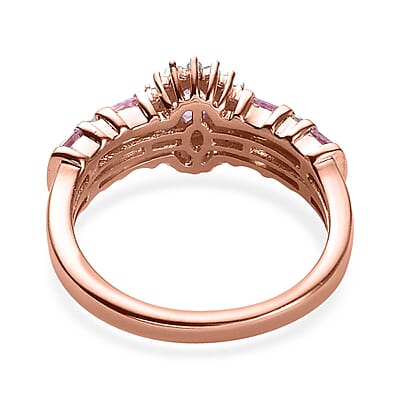 Madagascar Pink Sapphire Ring ,White Zircon Accent Ring , Vermeil Rose Gold Over Sterling Silver Ring ,Sunburst Halo Ring 0.90 ctw (Size 10)