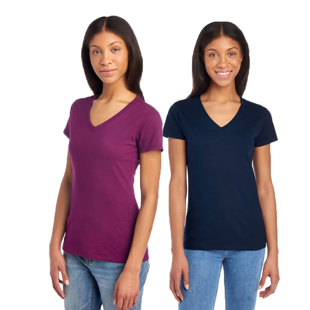 2 Pack- FRUIT OF THE LOOM 100% Cotton V-Neck T-shirts - Navy and Plum-L (Shipped in 8-10 days) image number 0