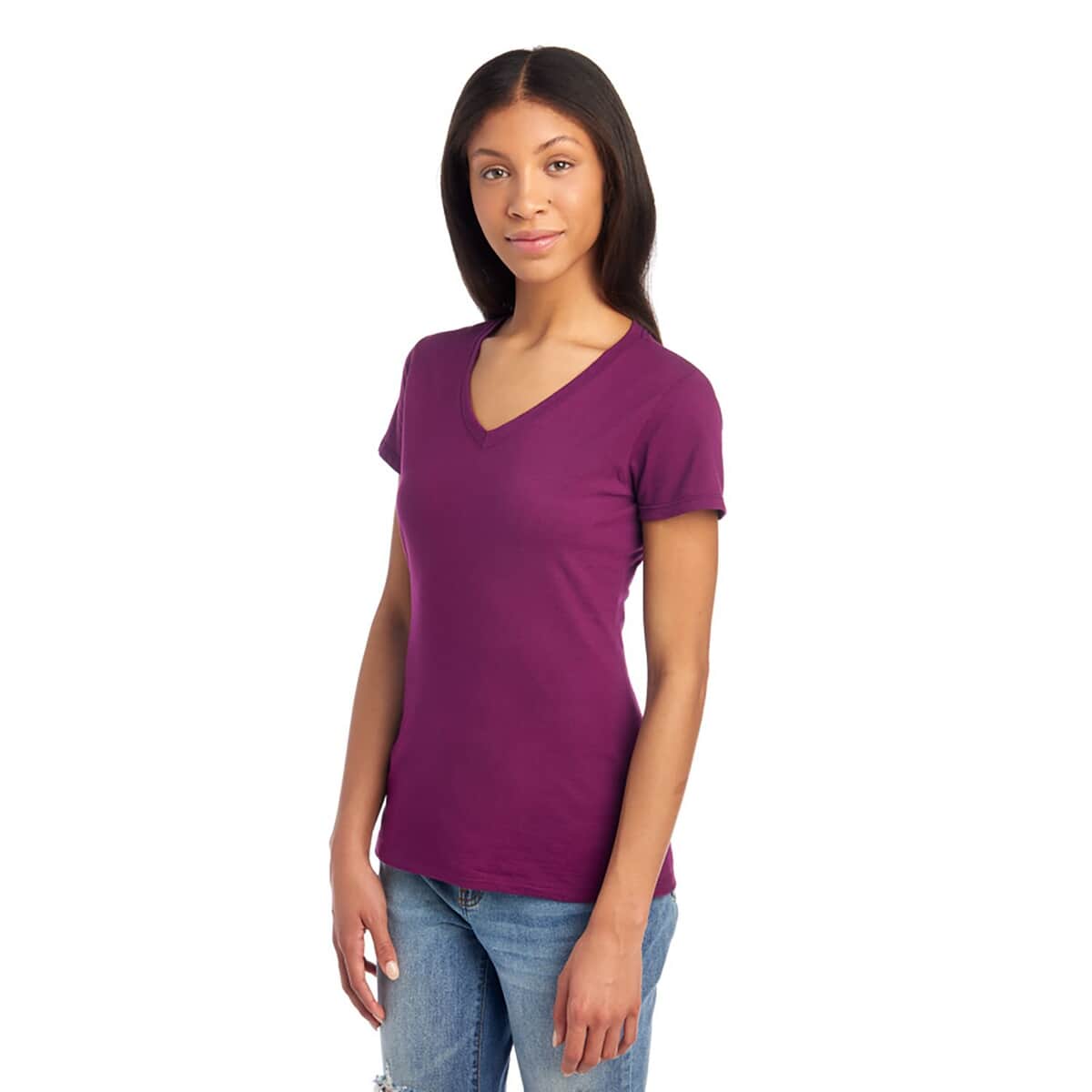 2 Pack- FRUIT OF THE LOOM 100% Cotton V-Neck T-shirts - Navy and Plum-L (Shipped in 8-10 days) image number 4