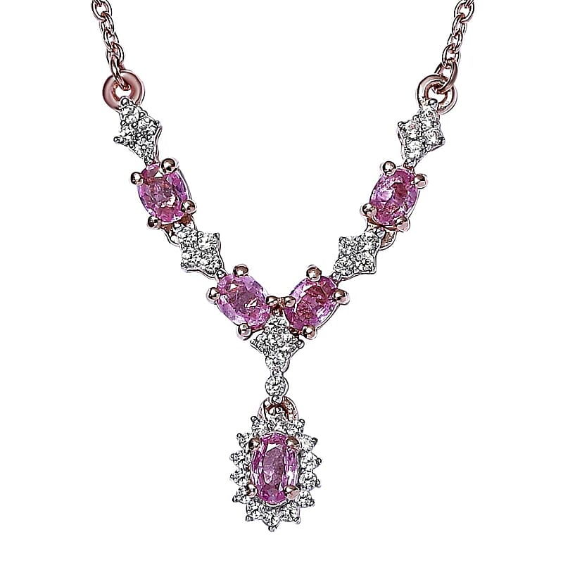 Madagascar Pink Sapphire and White Zircon Necklace 18 Inches in Vermeil Rose Gold Over Sterling Silver 1.50 ctw