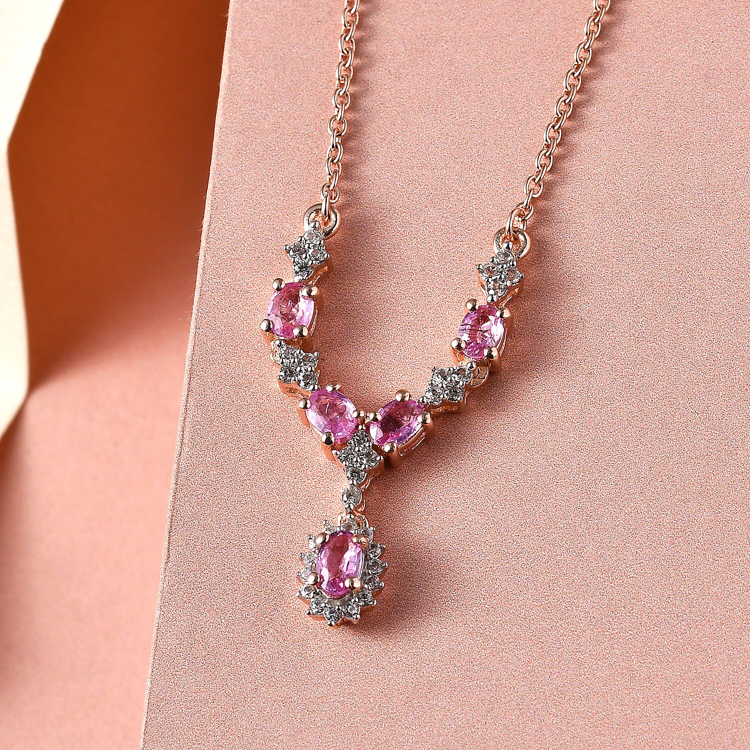 Madagascar Pink Sapphire and White Zircon Necklace 18 Inches in Vermeil Rose Gold Over Sterling Silver 1.50 ctw