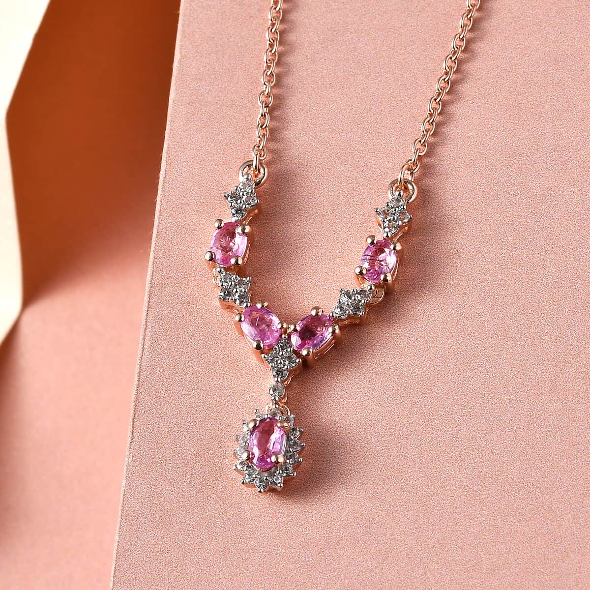 Madagascar Pink Sapphire and White Zircon Necklace 18 Inches in Vermeil Rose Gold Over Sterling Silver 1.50 ctw image number 1