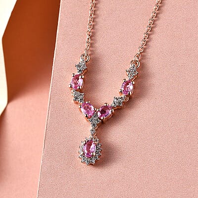 Madagascar Pink Sapphire and White Zircon Necklace 18 Inches in Vermeil Rose Gold Over Sterling Silver 1.50 ctw