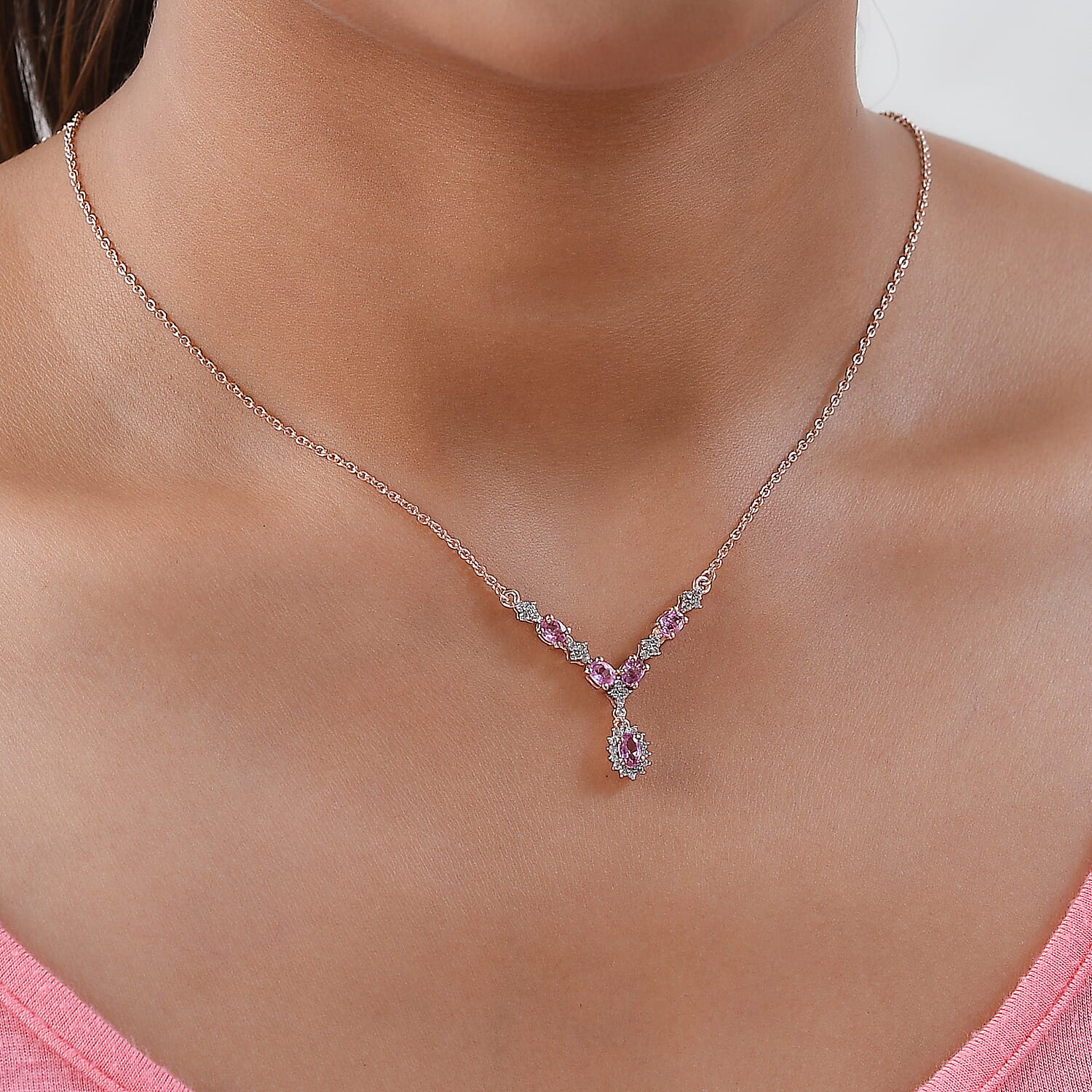 Madagascar Pink Sapphire and White Zircon Necklace 18 Inches in Vermeil Rose Gold Over Sterling Silver 1.50 ctw