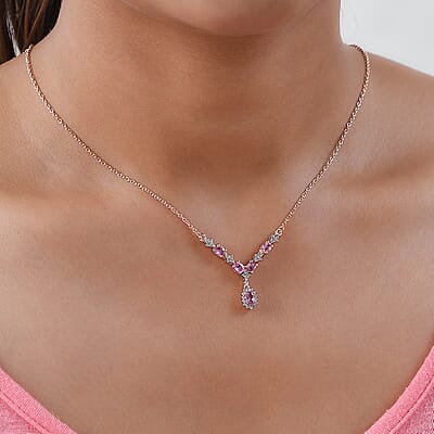 Madagascar Pink Sapphire and White Zircon Necklace 18 Inches in Vermeil Rose Gold Over Sterling Silver 1.50 ctw