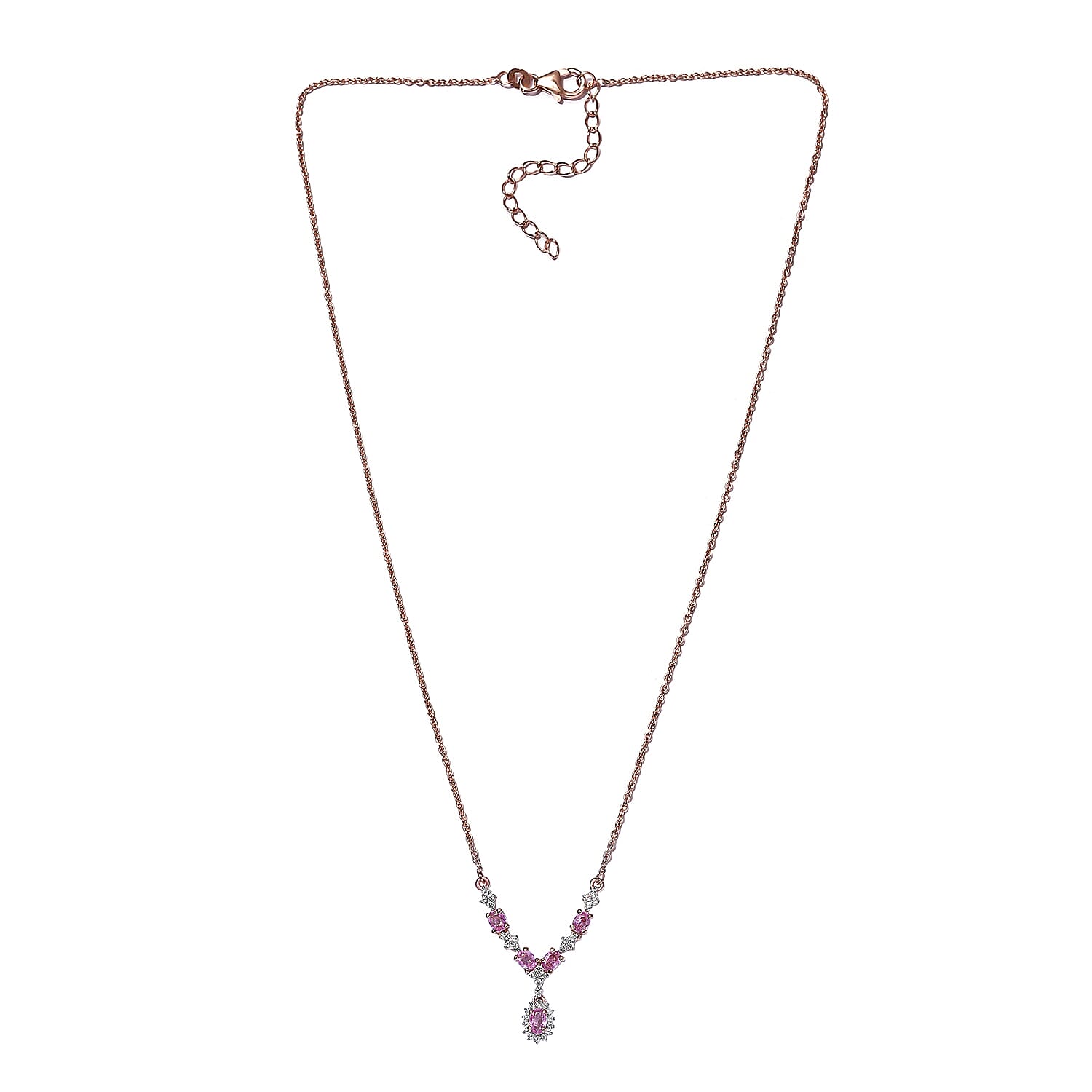 Madagascar Pink Sapphire and White Zircon Necklace 18 Inches in Vermeil Rose Gold Over Sterling Silver 1.50 ctw