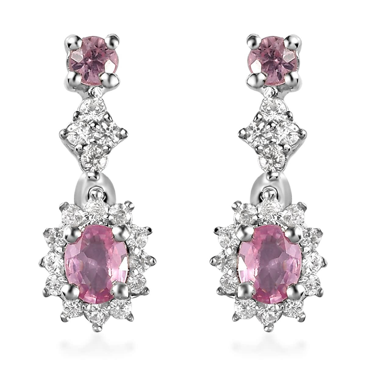 Madagascar Pink Sapphire and Natural White Zircon Dangling Earrings in Platinum Over Sterling Silver 0.90 ctw image number 0