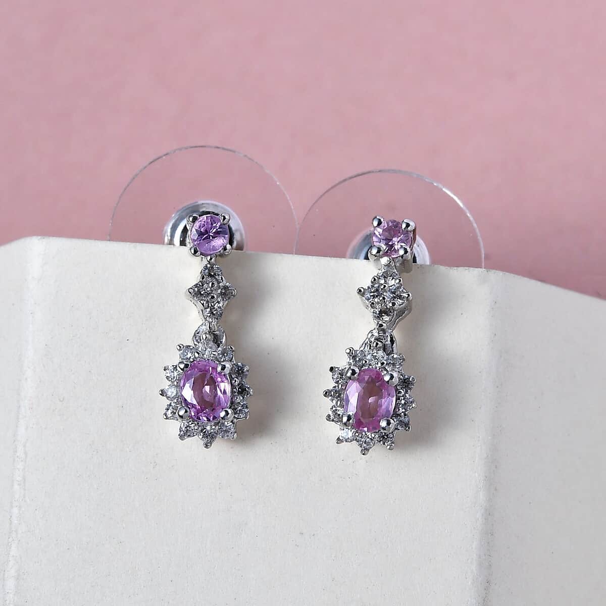 Madagascar Pink Sapphire and Natural White Zircon Dangling Earrings in Platinum Over Sterling Silver 0.90 ctw image number 1
