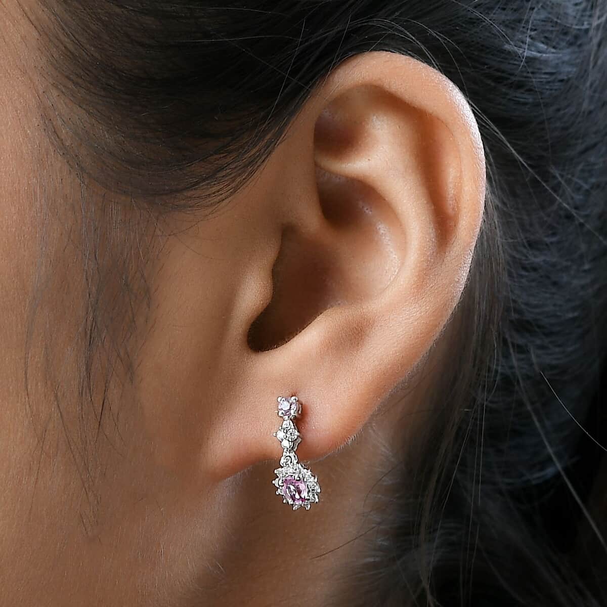 Madagascar Pink Sapphire and Natural White Zircon Dangling Earrings in Platinum Over Sterling Silver 0.90 ctw image number 2