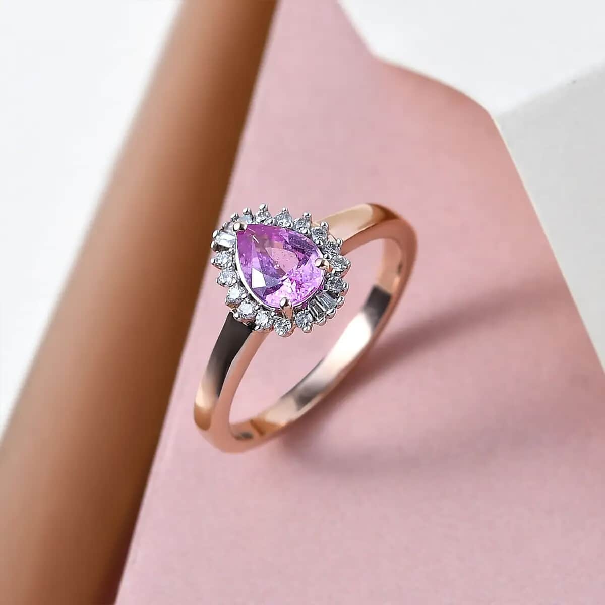 Iliana 18K Rose Gold AAA Madagascar Pink Sapphire and G-H SI Diamond Halo Ring (Size 9.0) 1.00 ctw image number 1