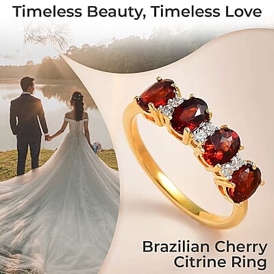 Brazilian Cherry Citrine Ring,  White Zircon Accent Ring,  Vermeil Yellow Gold Over Sterling Silver Ring,  Promise Ring 2.00 ctw