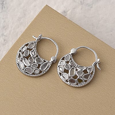 Artisan Crafted Polki Diamond Hanging Earrings in Platinum Over Sterling Silver 1.00 ctw