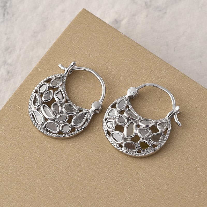 Artisan Crafted Polki Diamond Hanging Earrings in Platinum Over Sterling Silver 1.00 ctw