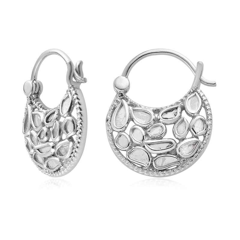 Artisan Crafted Polki Diamond Hanging Earrings in Platinum Over Sterling Silver 1.00 ctw