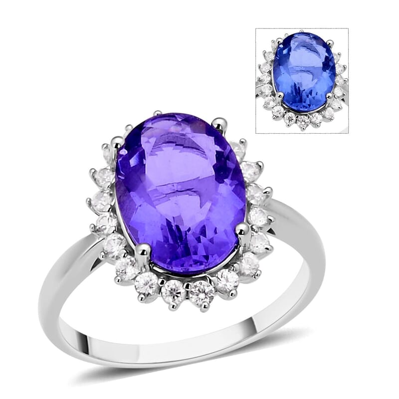Color Change Fluorite and Natural White Zircon Halo Ring in Rhodium Over Sterling Silver (Size 10.0) 7.60 ctw