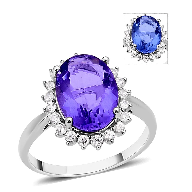 Color Change Fluorite and Natural White Zircon Halo Ring in Rhodium Over Sterling Silver (Size 10.0) 7.60 ctw