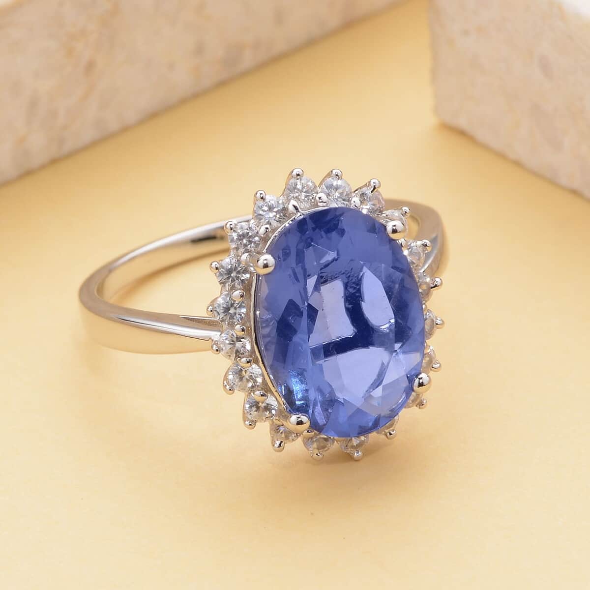 Color Change Fluorite, Natural White Zircon Halo Ring in Rhodium Over Sterling Silver (Size 10.0) 7.60 ctw image number 1