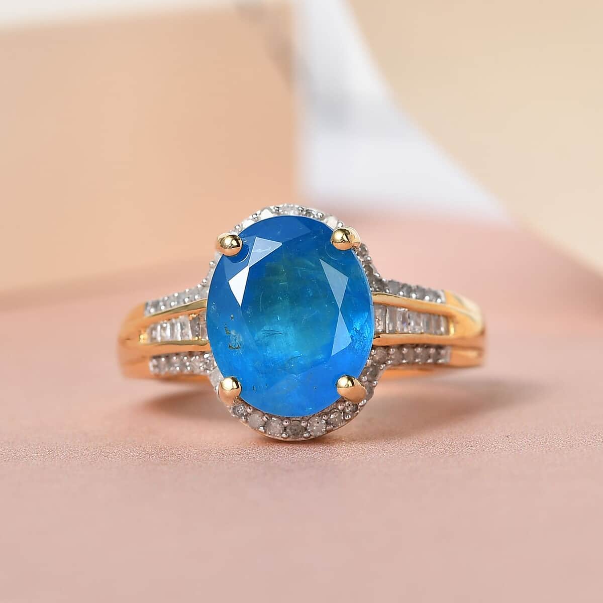 Malgache Neon Apatite and Diamond Ring in Vermeil Yellow Gold Over Sterling Silver (Size 10.0) 4.10 ctw image number 1