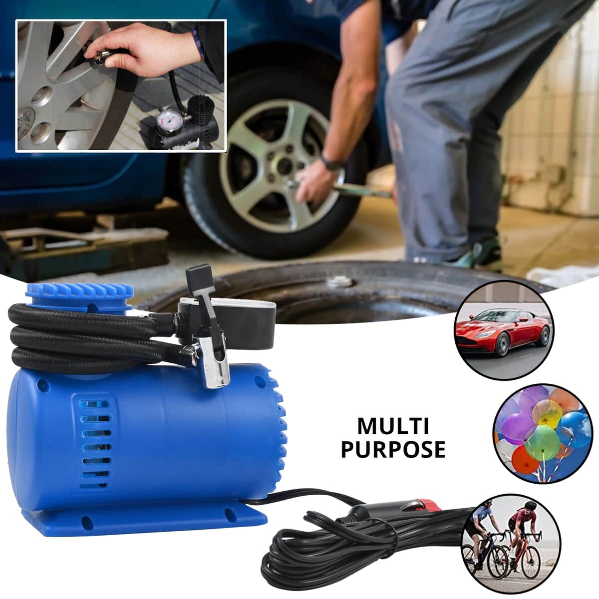 AUTO EFFECTS Mini Air Compressor with Built-in Pressure Gauge -Blue image number 1