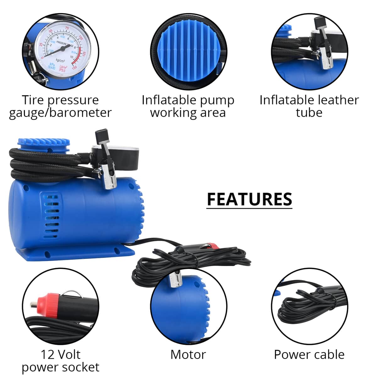 AUTO EFFECTS Mini Air Compressor with Built-in Pressure Gauge -Blue image number 2