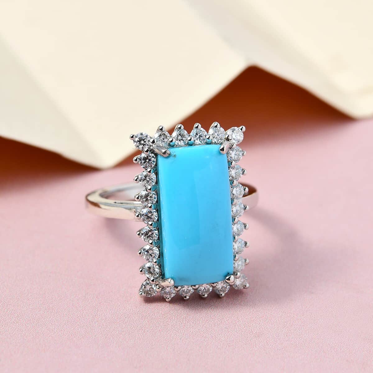 Doorbuster Premium American Natural Sleeping Beauty Turquoise and Moissanite Elongated Ring in Vermeil Yellow Gold Over Sterling Silver 5.15 ctw image number 1